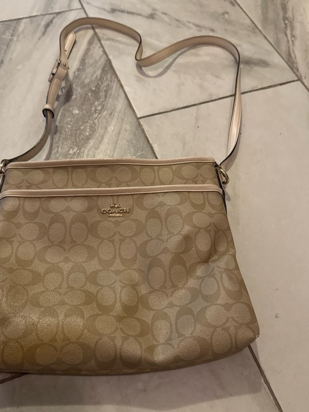 Coach Tan Signature Crossbody Bag with  tan Trim